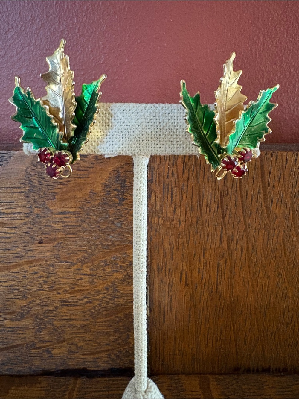 Vintage St Labre Christmas Holly Rhinestone & Enamel Clip On Earrings